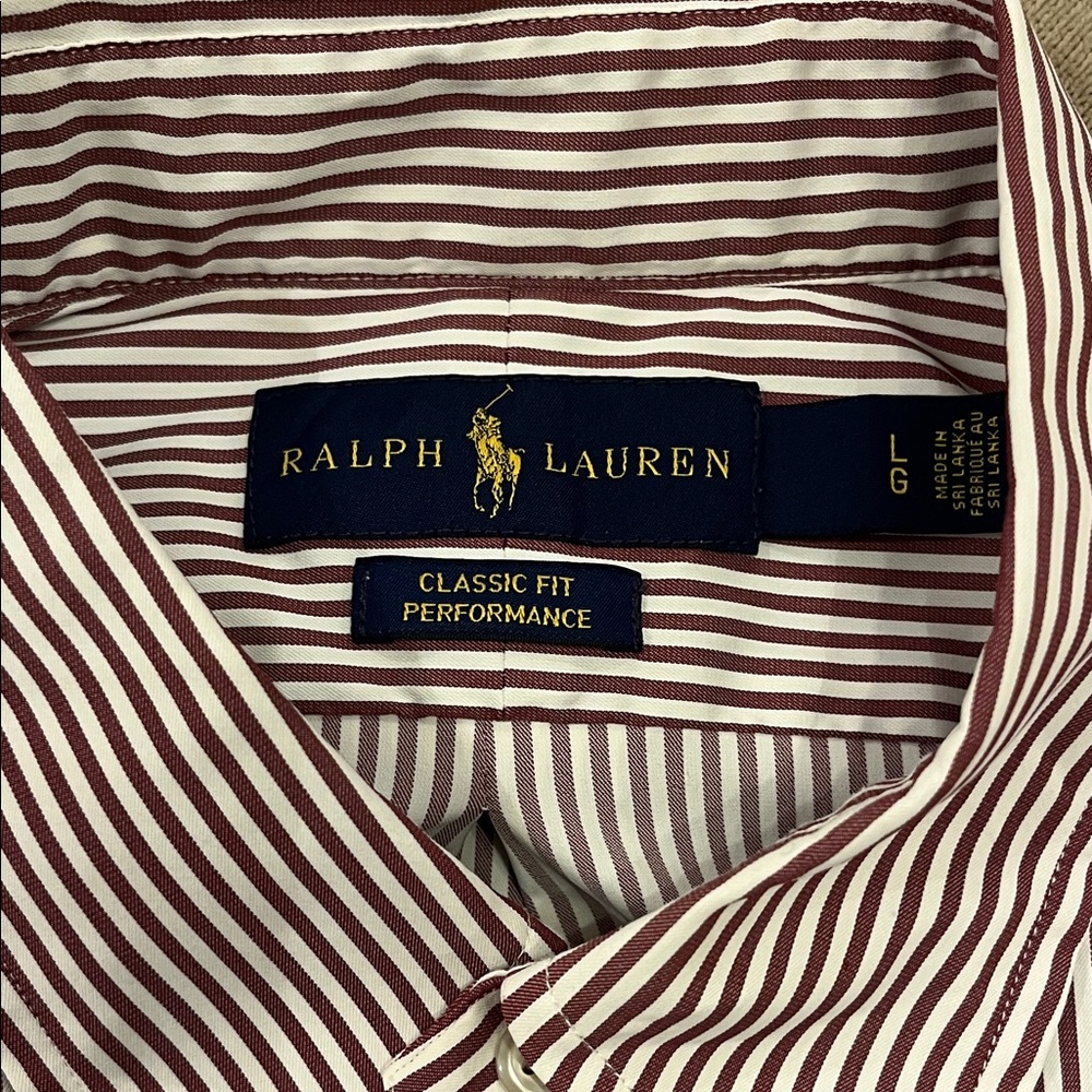 Ralph Lauren Men’s Classic Fit Striped Dress Shirt - White & Burgundy/Brown